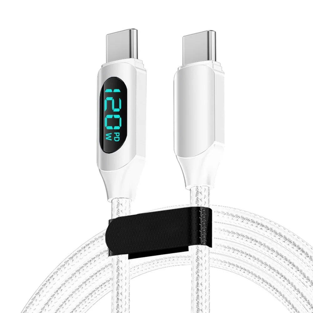 PD 120W Fast Charging Data Cable LED Digital Display USB C Nylon Braided Mobile Phone Charger Cord For iPhone 17 Samsung Xiaomi Qme Type C to C White 2m