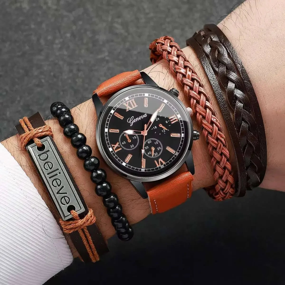 Creative, personalized, business, leisure, fake, three eyed PU belt, quartz watch, student watch, exquisite dial, night light Qme
