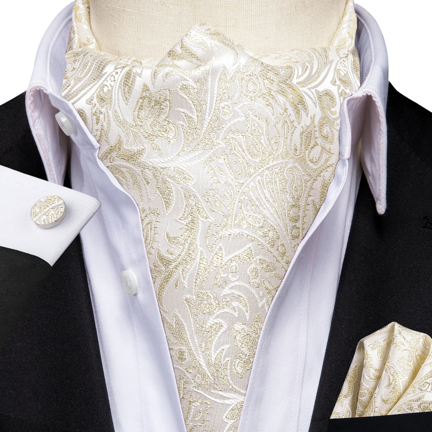 Silk Mens Ascot Black Pink Blue Red Gold Green Purple White Beige Cravat Tie Hanky Cufflinks for Male Wedding Business Prom Gift Qme AS-1094