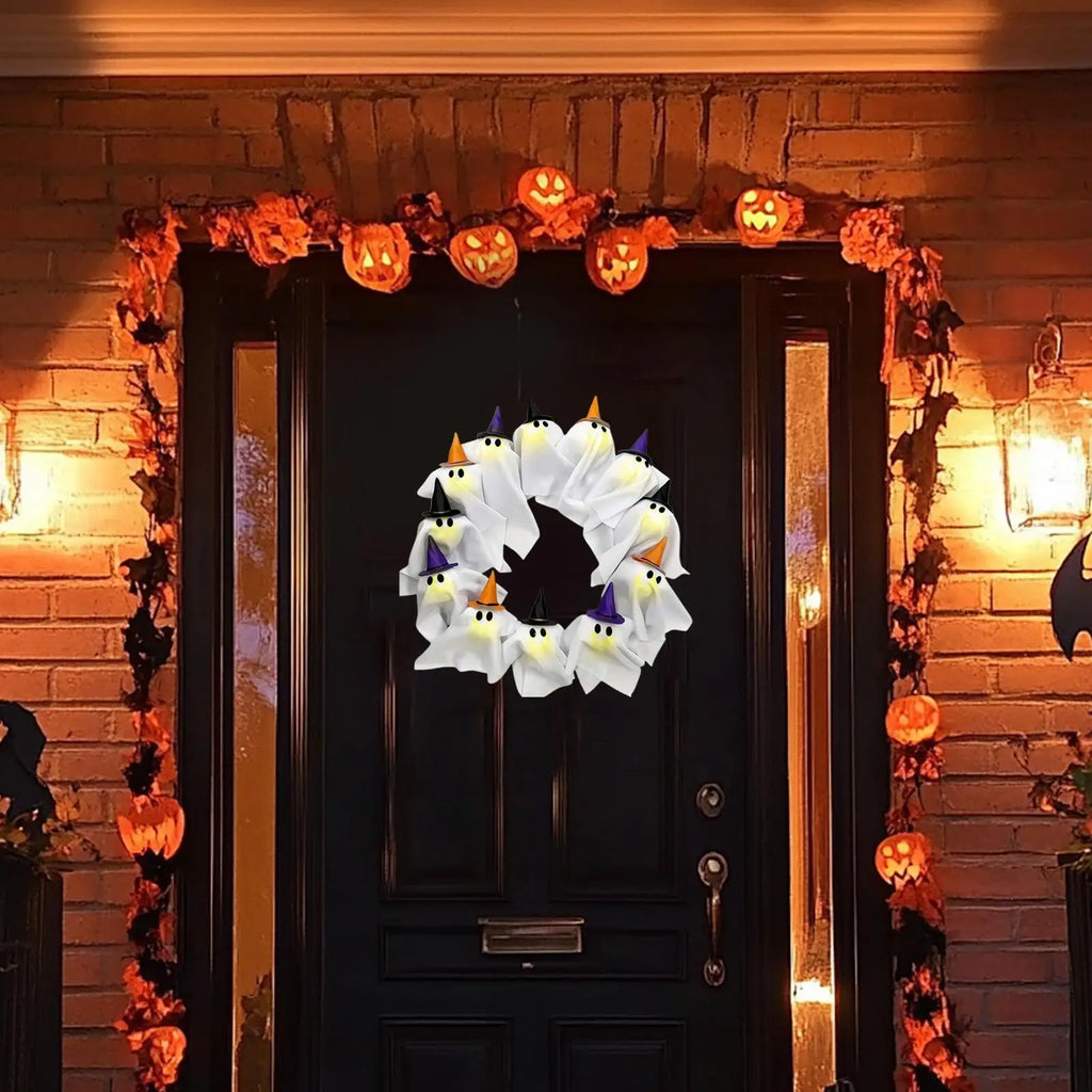 Ghost Wreath 12-LED Ghost Halloween Front Door Decoration Cute Scary Decor Home Party Decoration for Balcony Wall Lawn Patio Qme