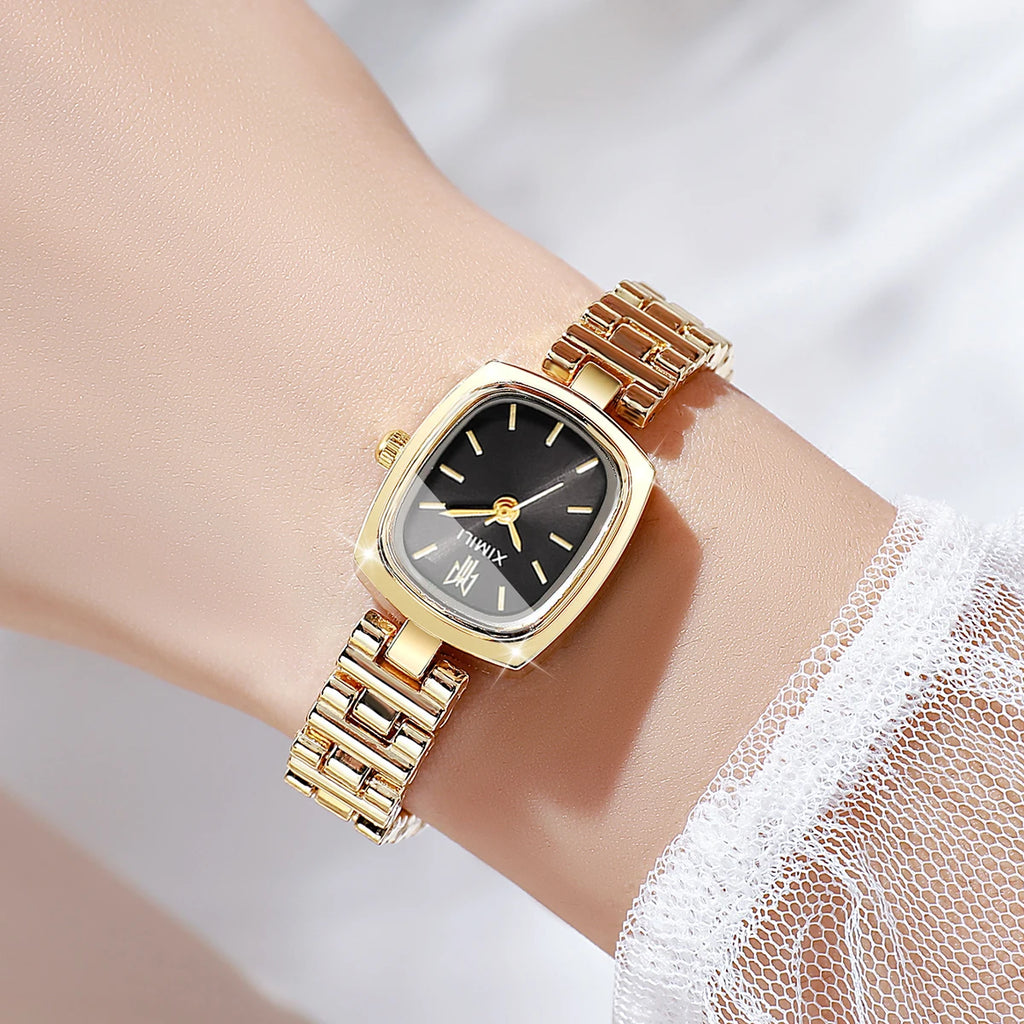 Hot Sale Women's Mini Gold Watch, Small Square Black Dial, Elegant Style Qme