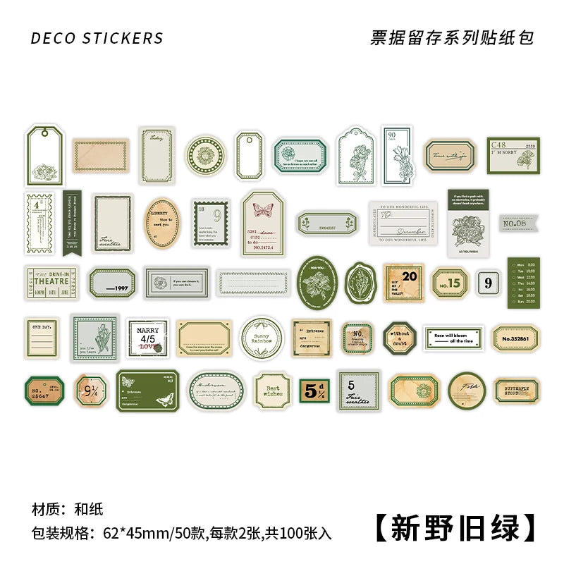100 pcs Vintage Ticket Stickers pack Decorative Diy Diary Album Stationery Scrapbooking accessories hand made Collage material Qme D