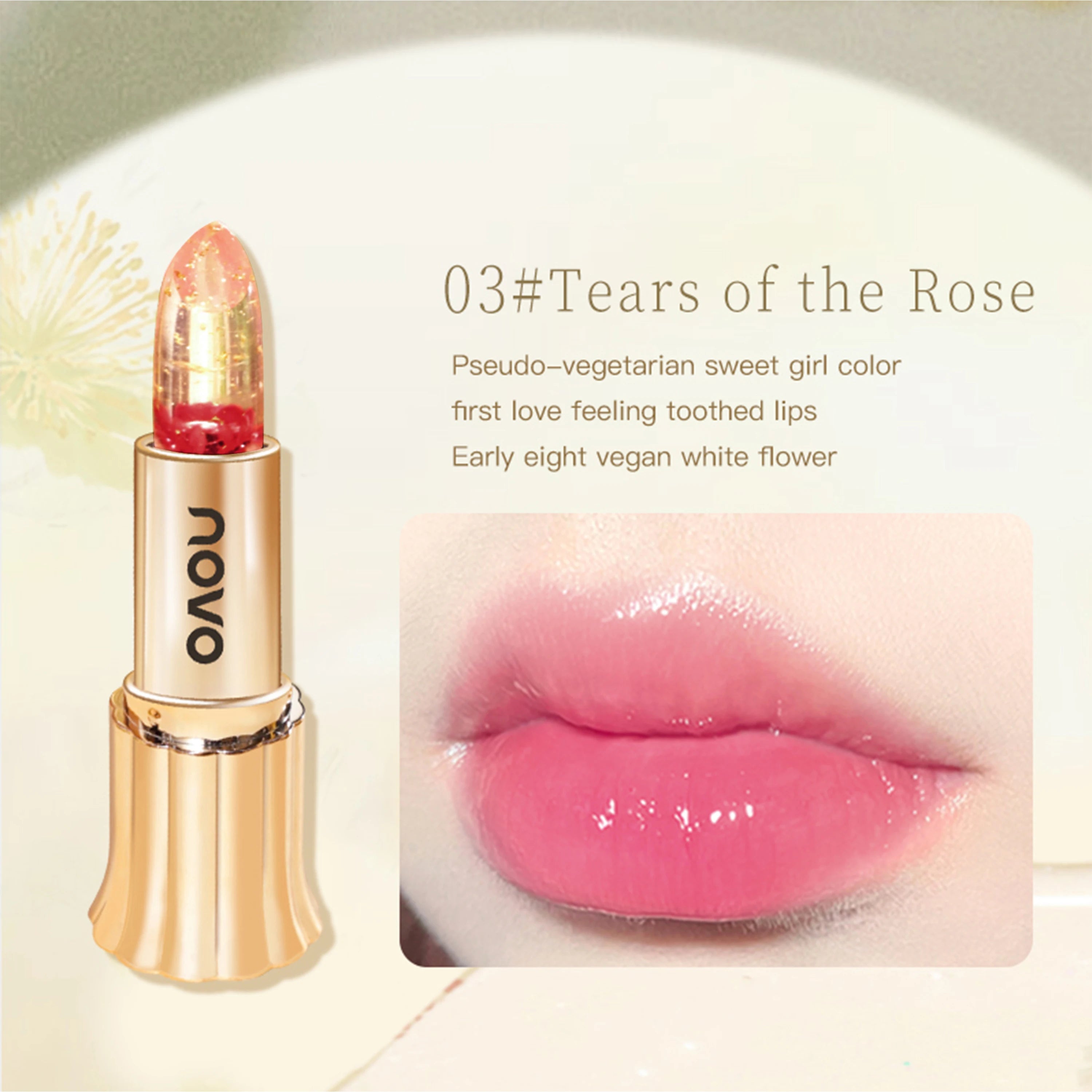 Jelly Crystal Flower Lipstick, Long Lasting Nourishing Moisturizing Anti-Chapped Lip Balm, Temperature Color Changing Lip Gloss Qme 03