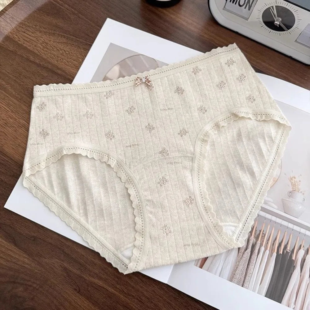 Cute Mid-waist Underwear Women Bear Grid Sweet Floral Panties Qme Beige 1XL 1pc
