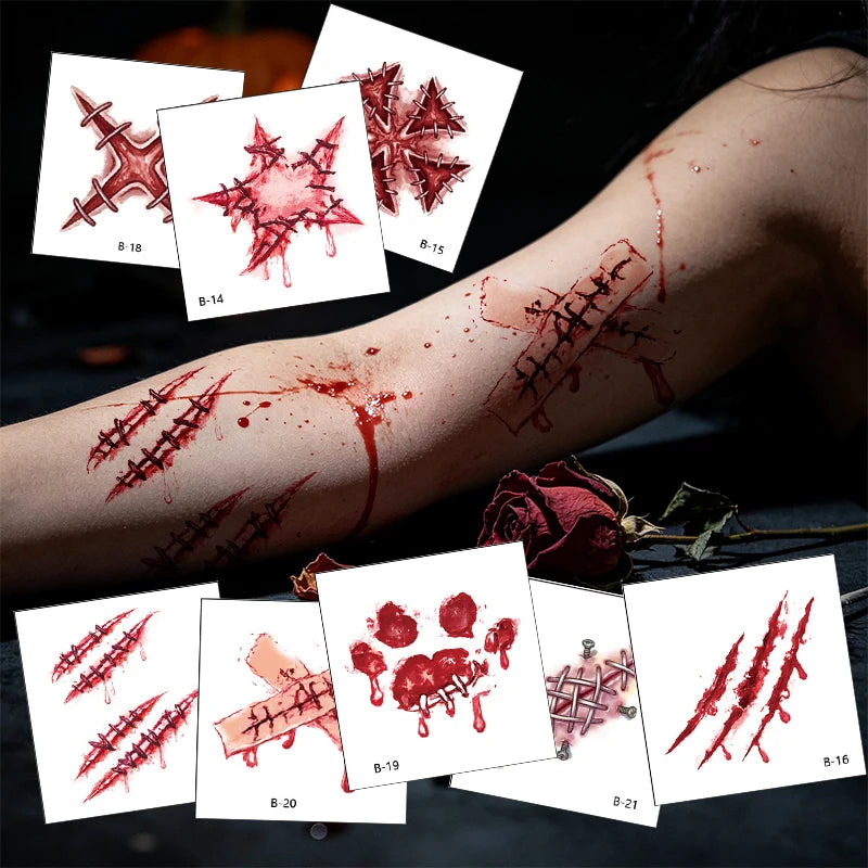 Halloween Horror Realistic Bloody Stitched Scar Temporary Tattoos Qme