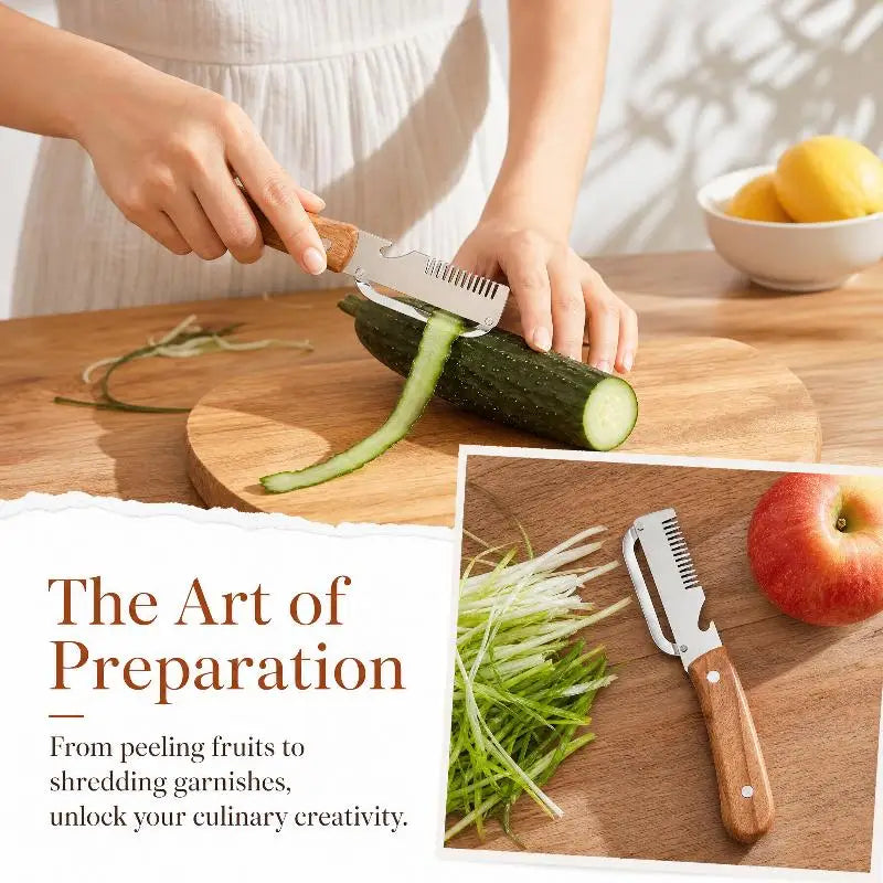 3-in-1 Stainless Steel Serrated Vegetable Peeler Wooden Handle Slicer Qme