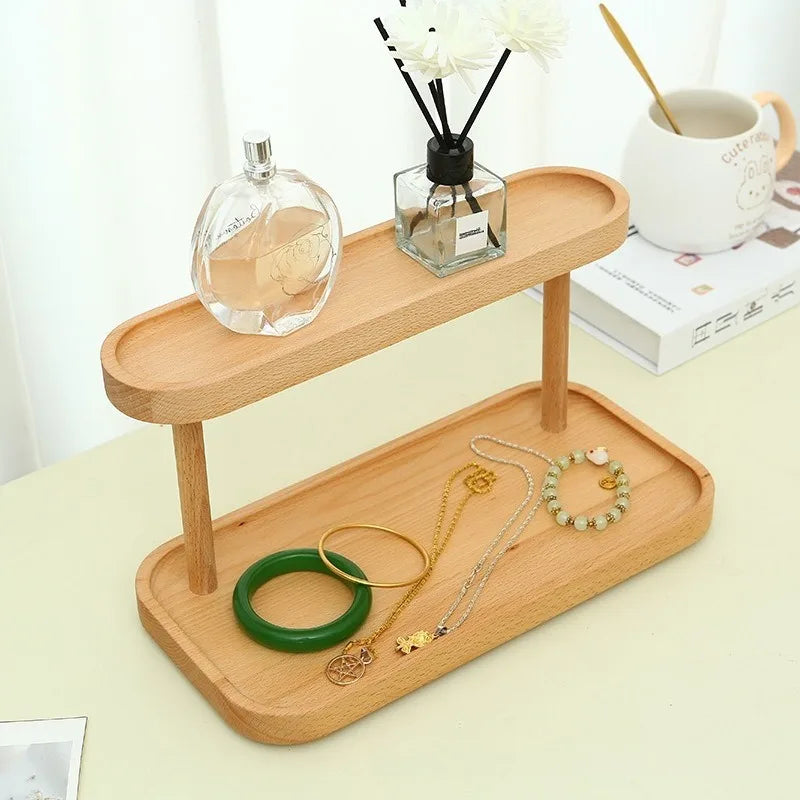 Wooden Double-layer Tray Storage Rack Desktop Cosmetics Jewelry Qme
