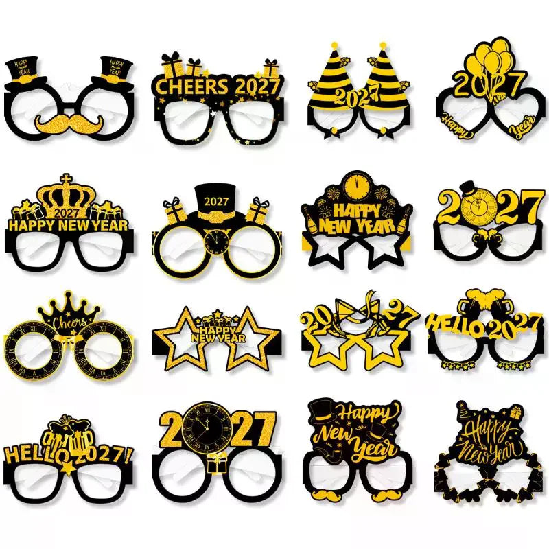 2027 Happy New Year Party Paper Glasses 8pcs Black Gold Glitter For New Years Eve Gatherings Photo Booth Props Qme