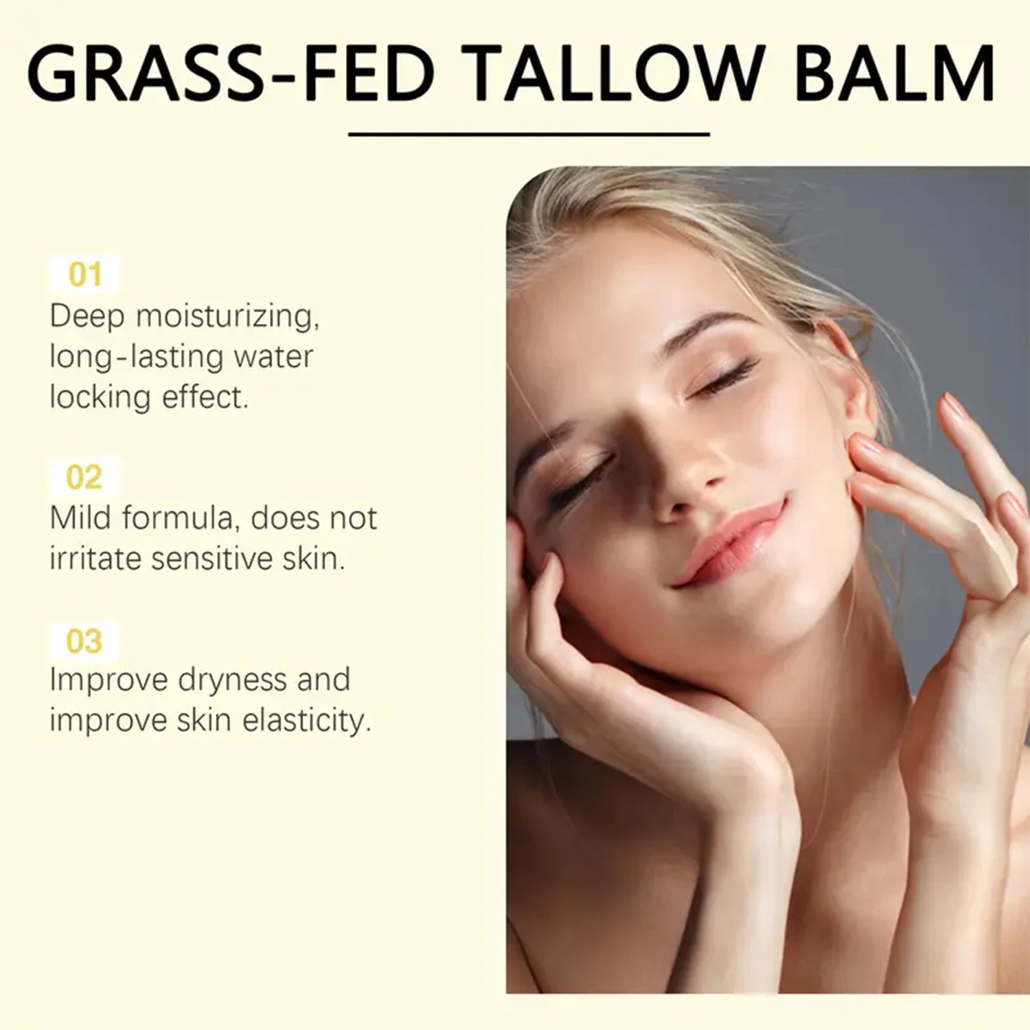 Grass-Fed Tallow Balm with Bee Venom & Caffeine, Unscented Moisturizer for Face & Body, Hydrates & Repairs Dry Skin. Qme