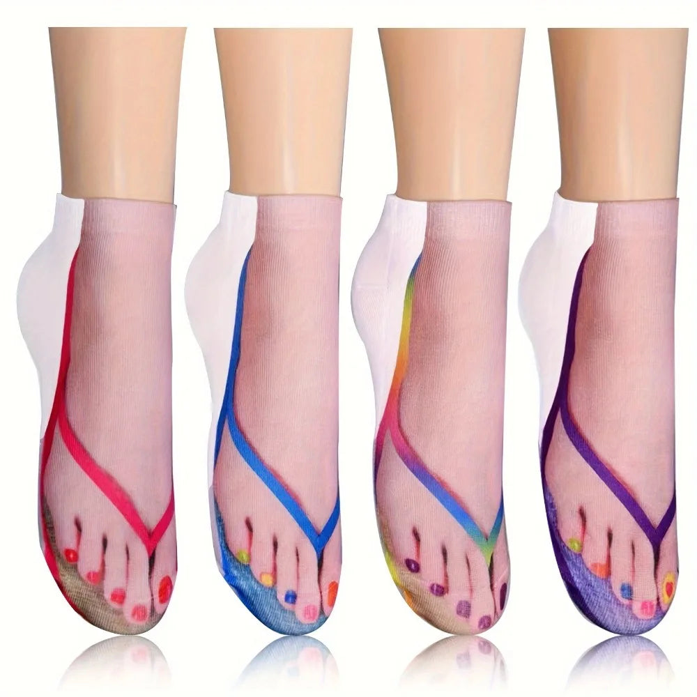 2pairs 3D nail print socks fun flip flops socks 3D pattern socks sandals socks low cut ankle fool socks - a prank gift Qme