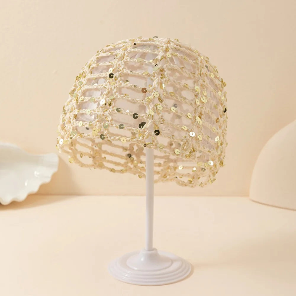 Retro Elegant Hollowed Out Knitted Hat Thin Solid Crochet Sequined Qme Beige
