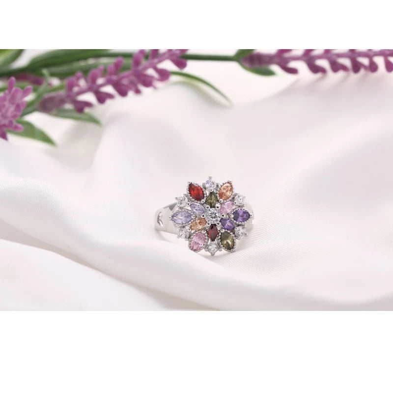Ring Fashion 925 Sterling Silver Color Jewelry Colourful Cubic Zirconia Flower Design Cute Style Women Girls Party Engagement Qme