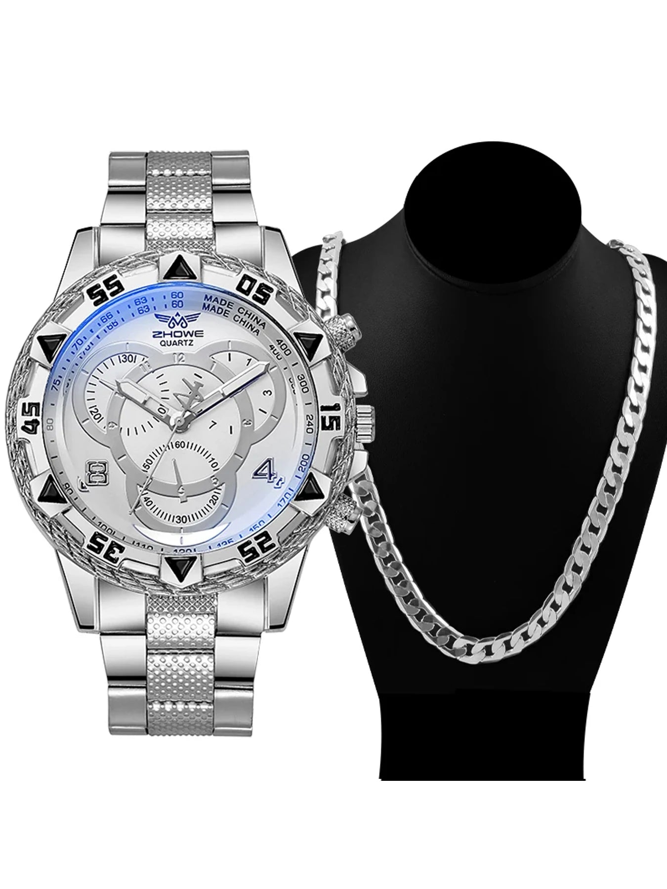 Business Blue Light Men's Watch Large Dial Quartz Watch Silicone Strap Set Qme Multicolor