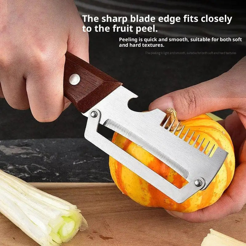 Multifunctional Stainless Steel Peeler Wooden Handle 3-in-1 Scallion Qme