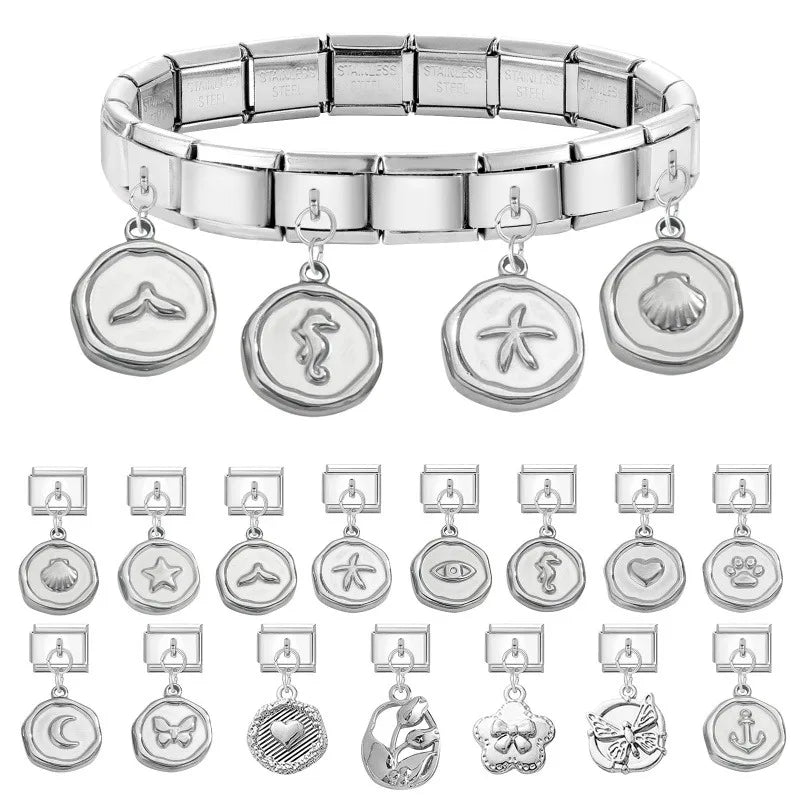 Wholesale Fashion Round Moon Shell Heart Seahorse Italian Charm Link Fit 9mm Stainless Steel DIY Bracelet Jewelry Making Bead Qme