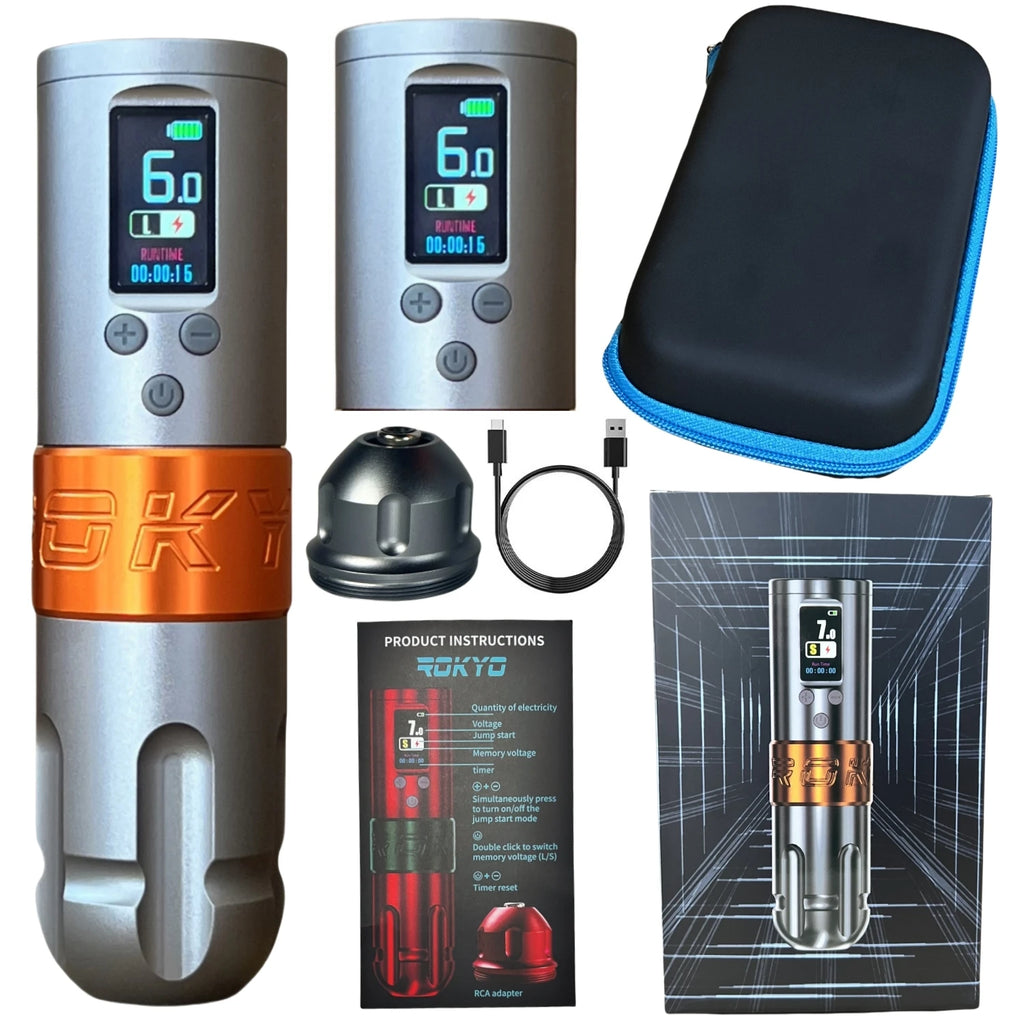 ROKYO Direct Drive Wireless Tattoo Pen Machine 4.0mm Stroke 1600mAh Light Weight Brushless Motor Power For Liner Shading Tattoo Qme Grey Dual Battery USB Type-C
