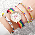 4 Pçs/set Moda Coração Dial Relógio Feminino Banda de Nylon Relógio de Quartzo Arco-íris Contas Pulseiras Conjunto Qme Bronze