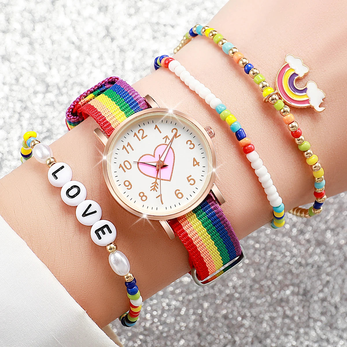 4 Pçs/set Moda Coração Dial Relógio Feminino Banda de Nylon Relógio de Quartzo Arco-íris Contas Pulseiras Conjunto Qme Bronze