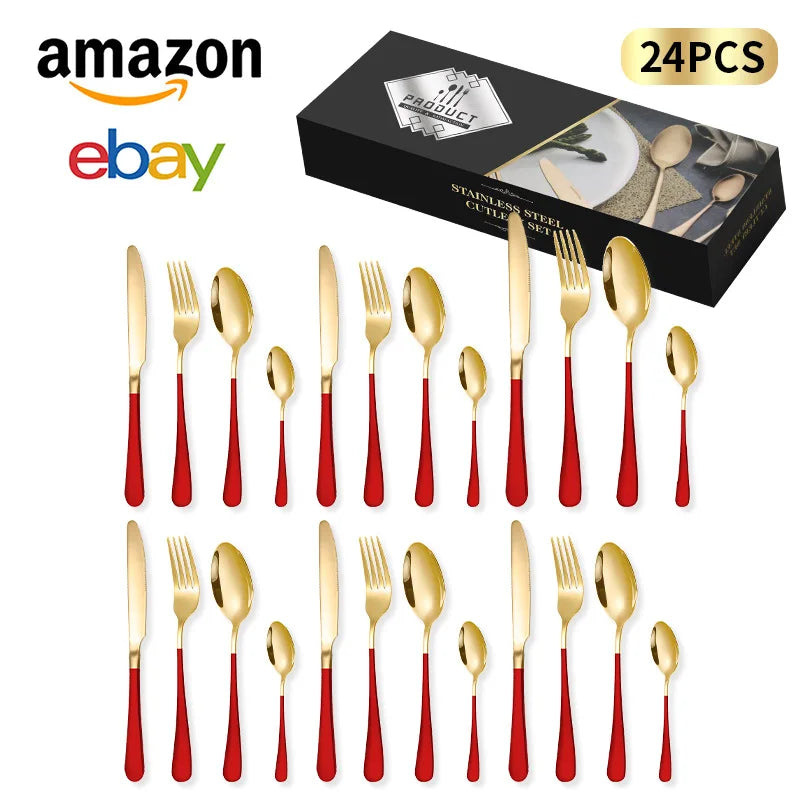 24-Piece Stainless Steel Tableware Set,Western Cutlery Steak Knife Fork Spoon, Gift Box Set for Home Restaurant Wedding Gift Qme A-24Pcs RedGold