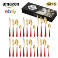 24-Piece Stainless Steel Tableware Set,Western Cutlery Steak Knife Fork Spoon, Gift Box Set for Home Restaurant Wedding Gift Qme A-24Pcs RedGold