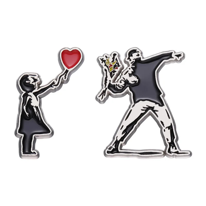 Classic Banksy Art Design Collection Brooch Enamel Pin Flower Thrower Boy Red Balloon Girl Badge Lapel Backpack Jewelry Gift Qme set