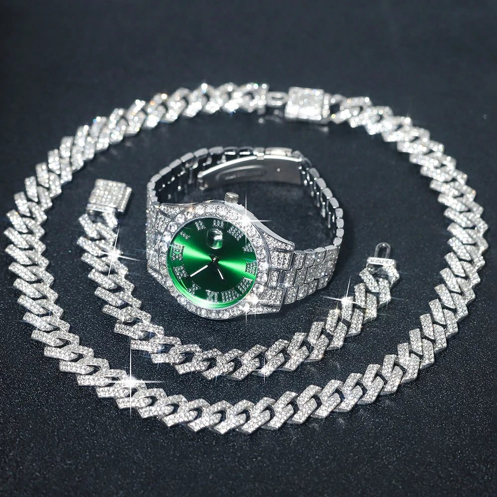 3pcs Men's Silver Watch Set Hip-hop Punk Inlay Diamond Watch+Cuban Chain+Bracelet Comes With Strap Adjuster Stylish Jewelry Gift Qme green