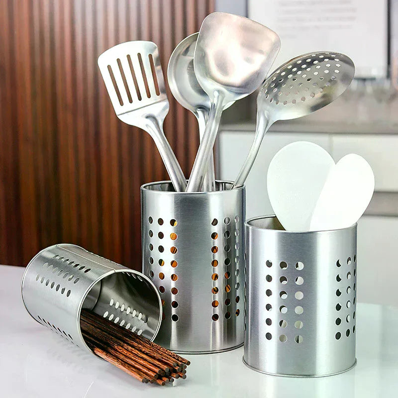 Stainless Steel Chopsticks Tube Tableware Bucket High-Capacity Kitchen Utensils Storage Round Hole Hollowed Out Drain Tube Qme
