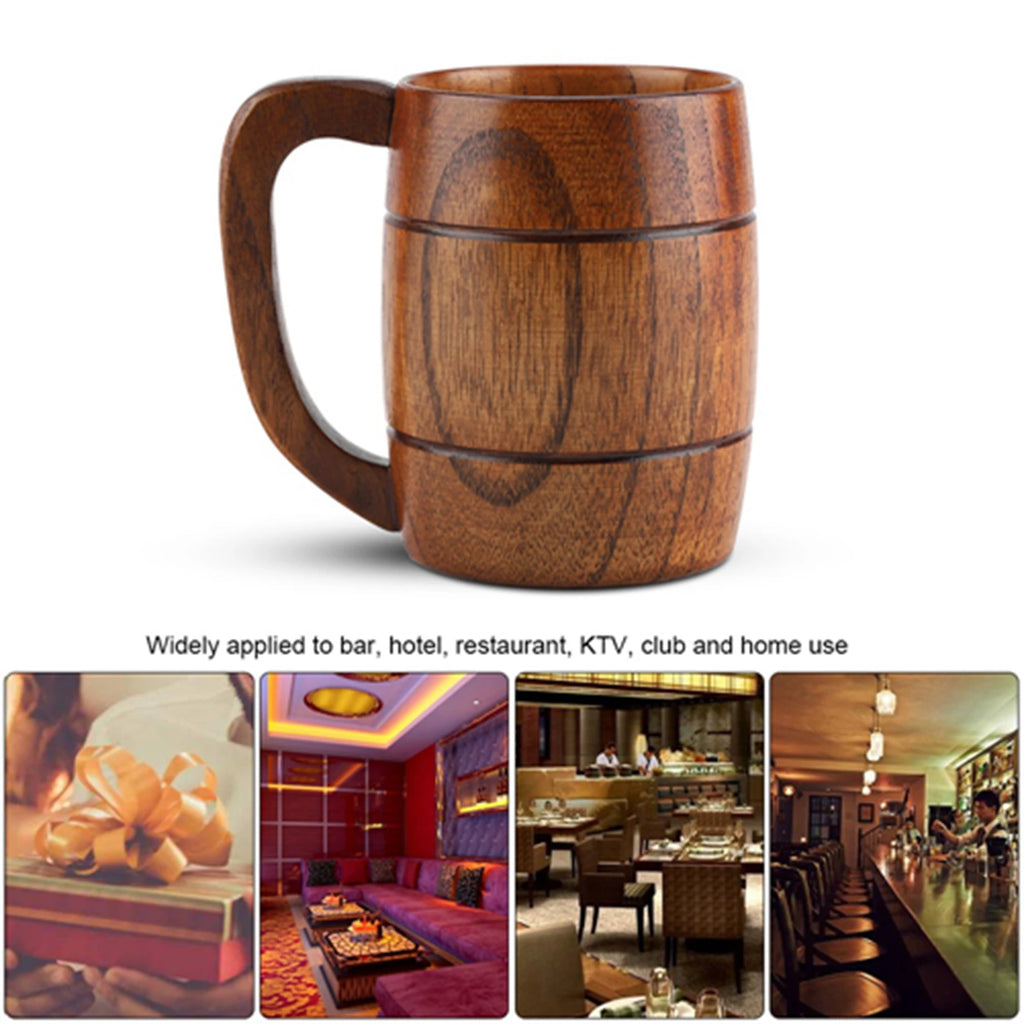 Natural Wooden Beer Cup with Handle Retro 300-400ml Capacity Wood Drinking Mug for Beer Tea Water Home Bar Kitchen Qme