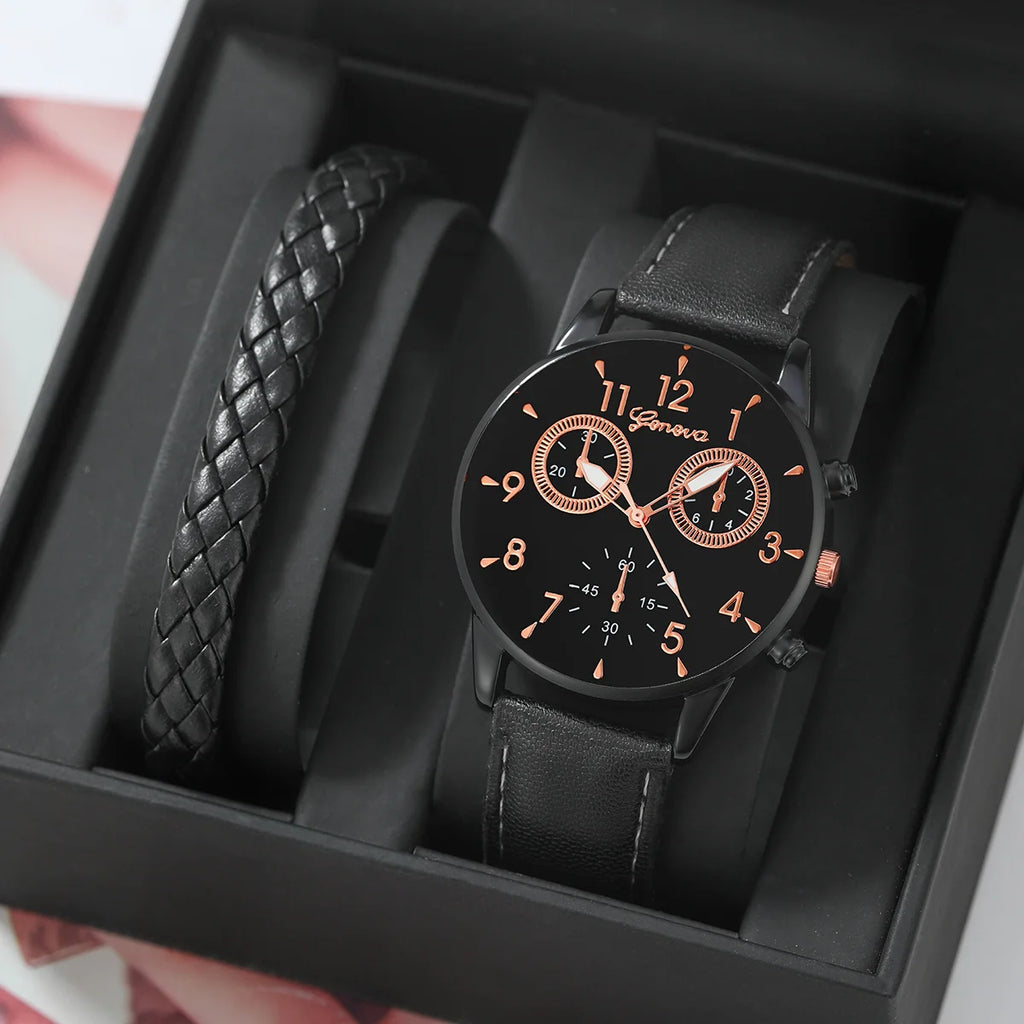 1set 1pc Men Round Pointer Quartz Watch + 1pc Bracelet / 1pc Bracelet Qme