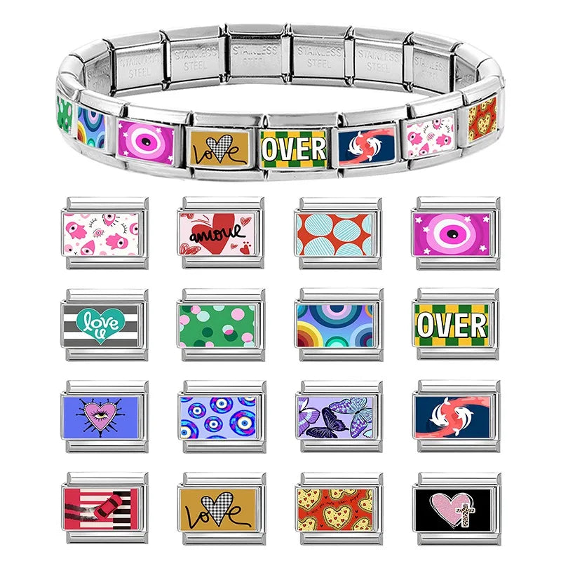Fashion OVER Love Eyes Fish Colorful Charm Bracelet Fit 9mm Bracelet Stainless Steel Italian Links Making DIY Jewelrys Wholesale Qme