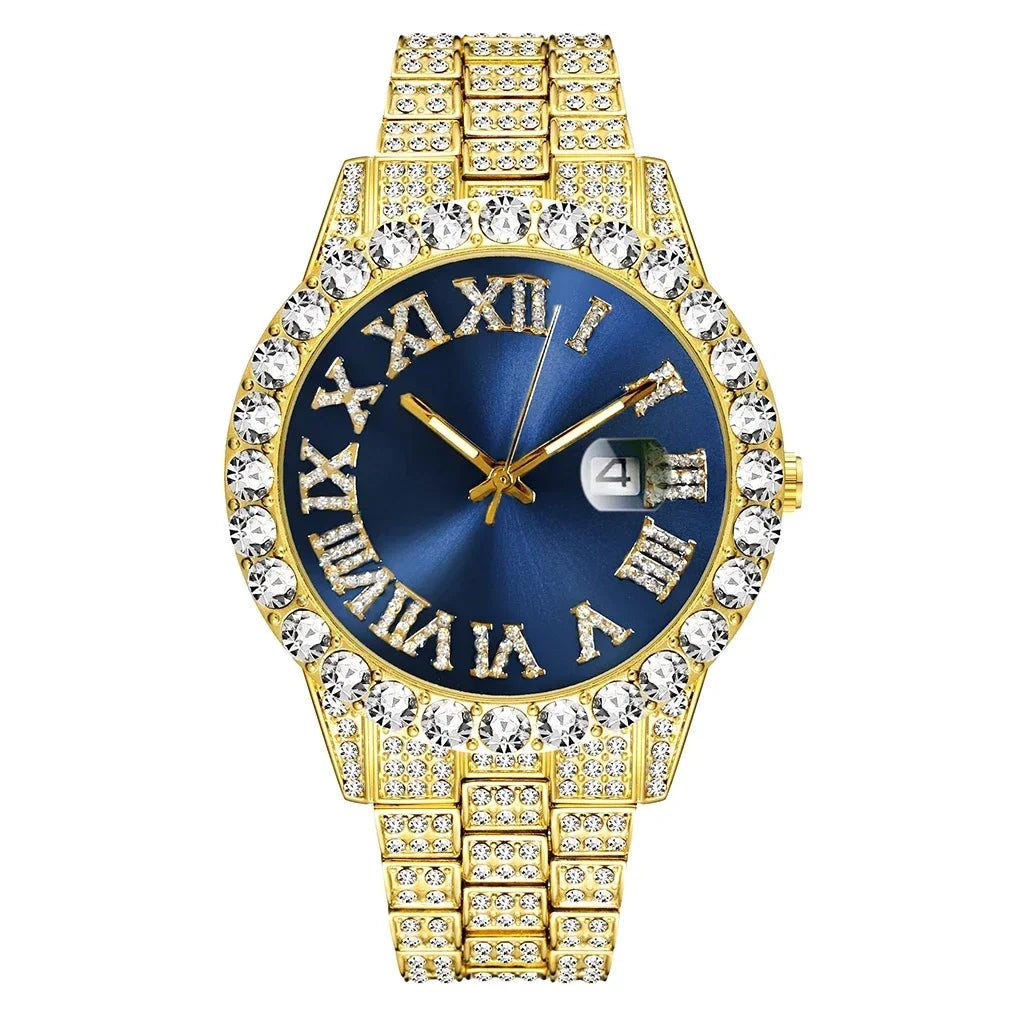 Iced Out Watch Men Luxury Brand Full Diamond Mens Watches AAA CZ Quartz Men's Watch Waterproof Hip Hop Male Clock Gift for Men Qme Gold Blue