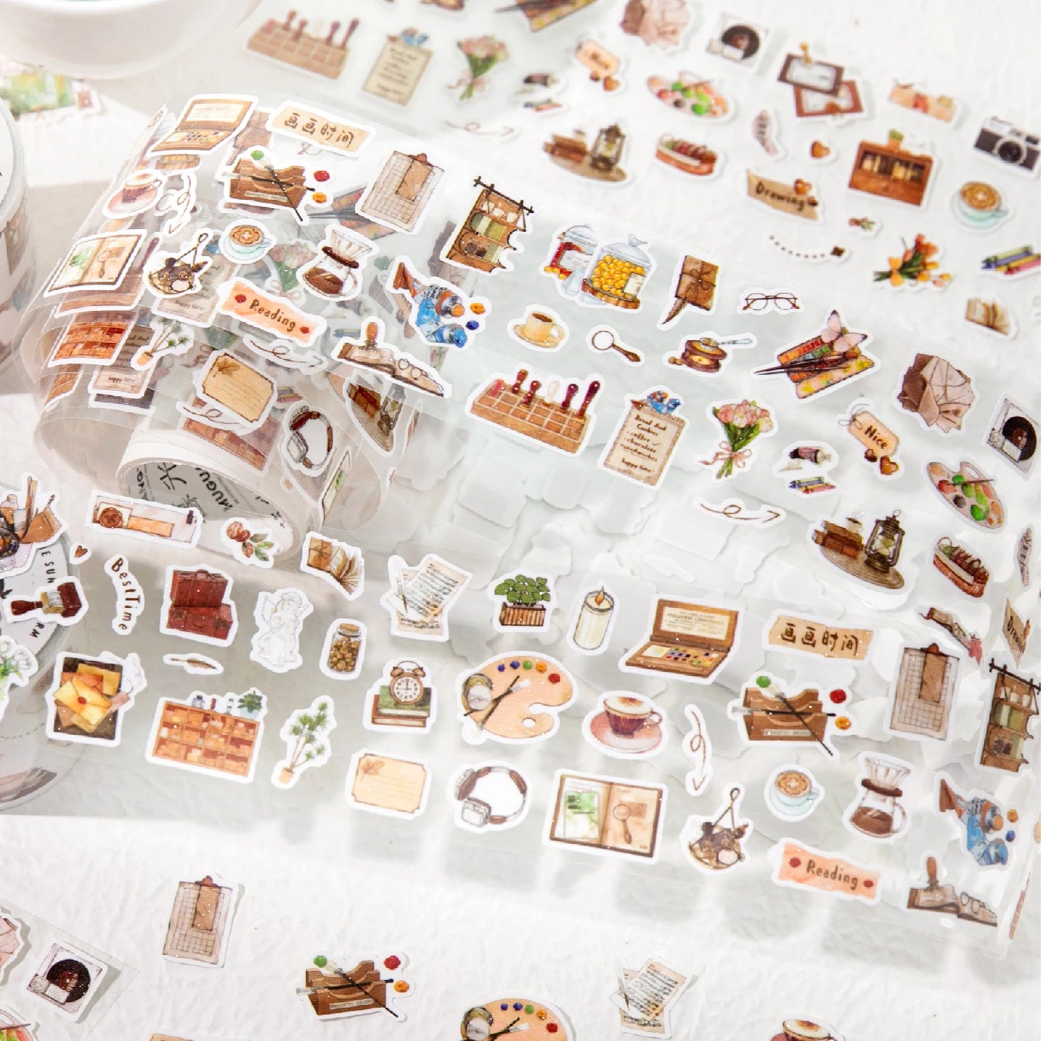 1 Roll Cute Cartoon Food Camping Glitter Die-Cut Tape for DIY Scrapbook Frame Collage Laptop Phone Mug Luggage Guitar Decoration Qme