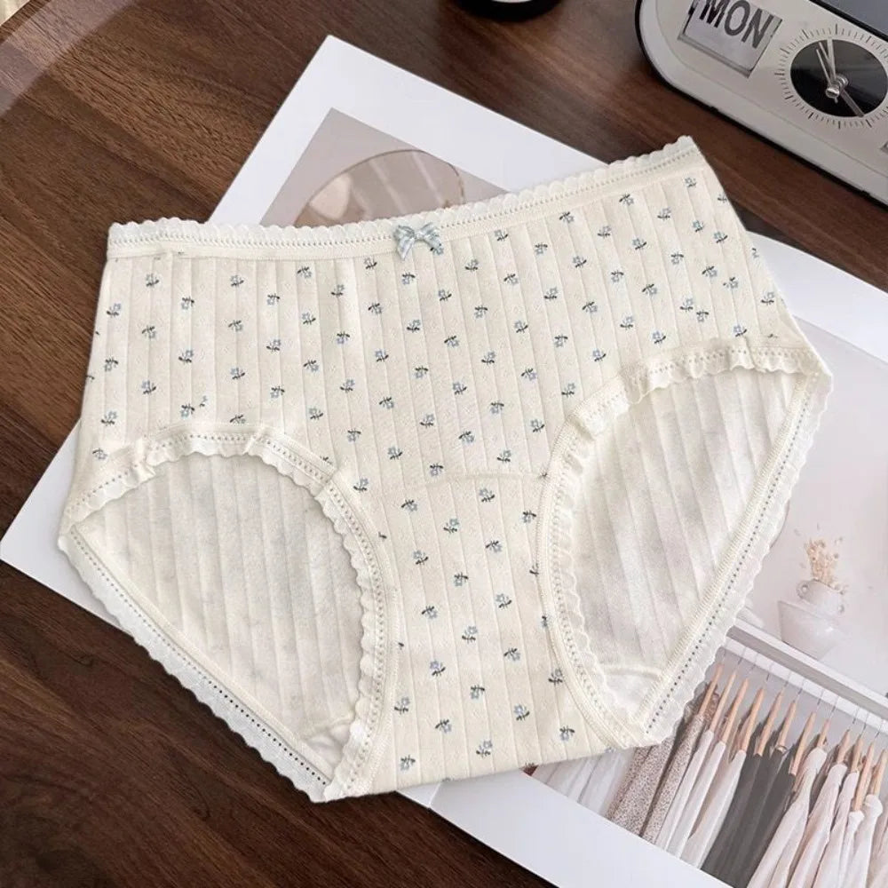 Cute Mid-waist Underwear Women Bear Grid Sweet Floral Panties Qme Yellow 1XL 1pc
