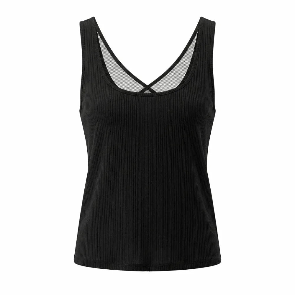 Fashion Sleeveless Mesh Splicing Top Deep V Neck Beach Wear Women Crop Top Summer Solid Color Women's Base Vest Party Qme Black S