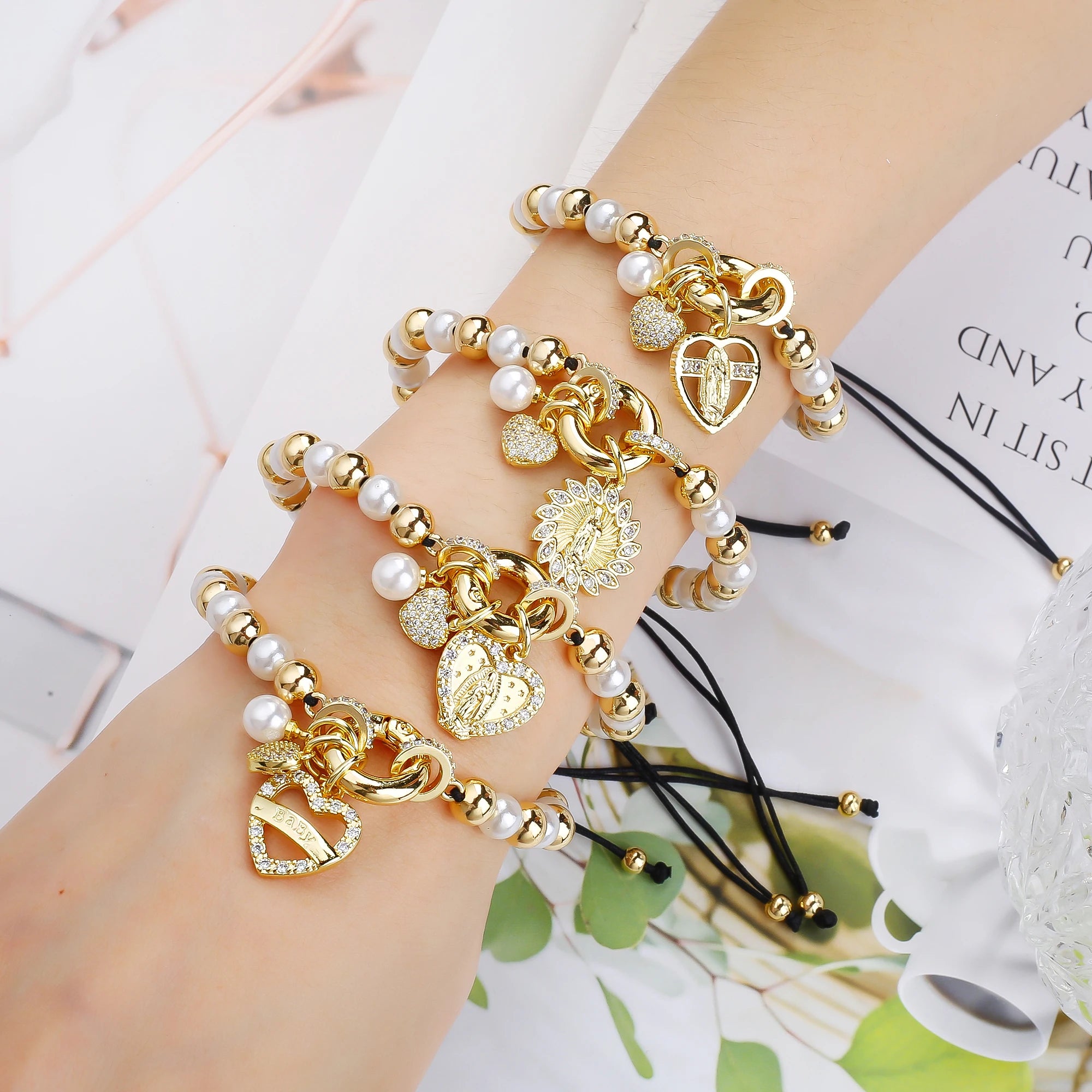 New Design Pearl Copper Braided Virgin Mary Zirconia Black Rope Bracelet Fashion For Woman Daily Party Jewelry Religious Gift Qme