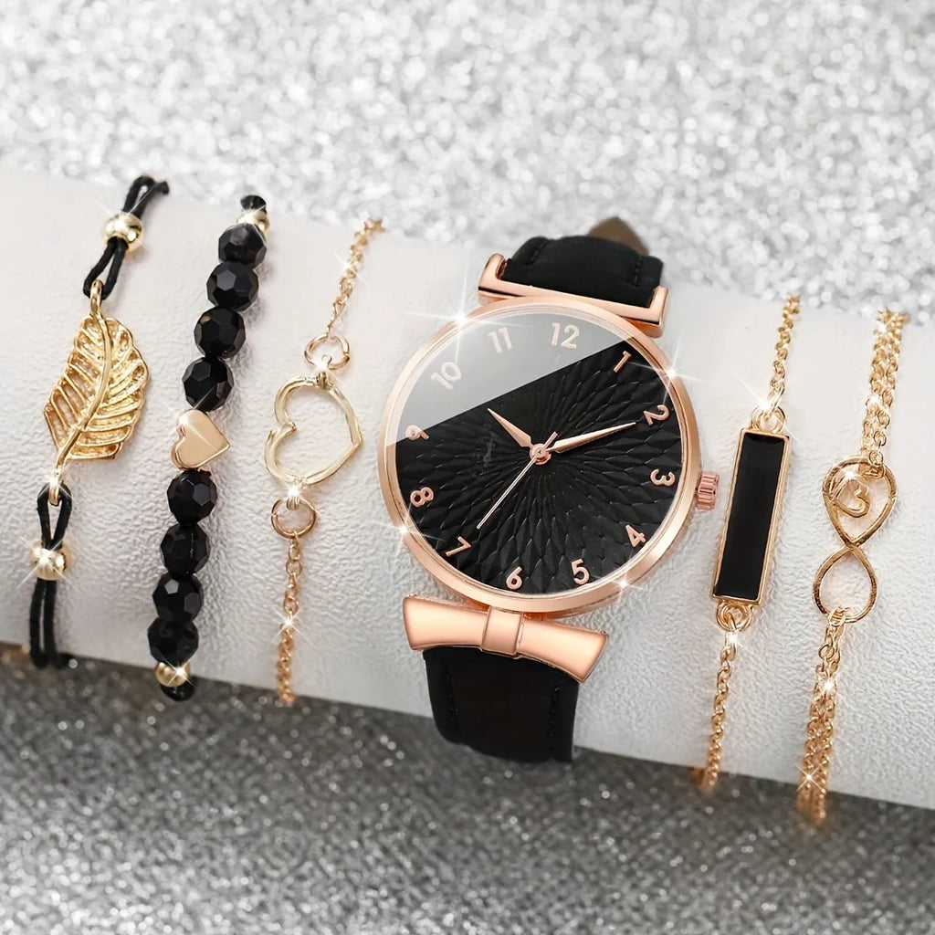 New Black Rose Gold Women's Watch Set with Belt Quartz Watch and Bracelet Six Piece Set (Box Not Included) Qme