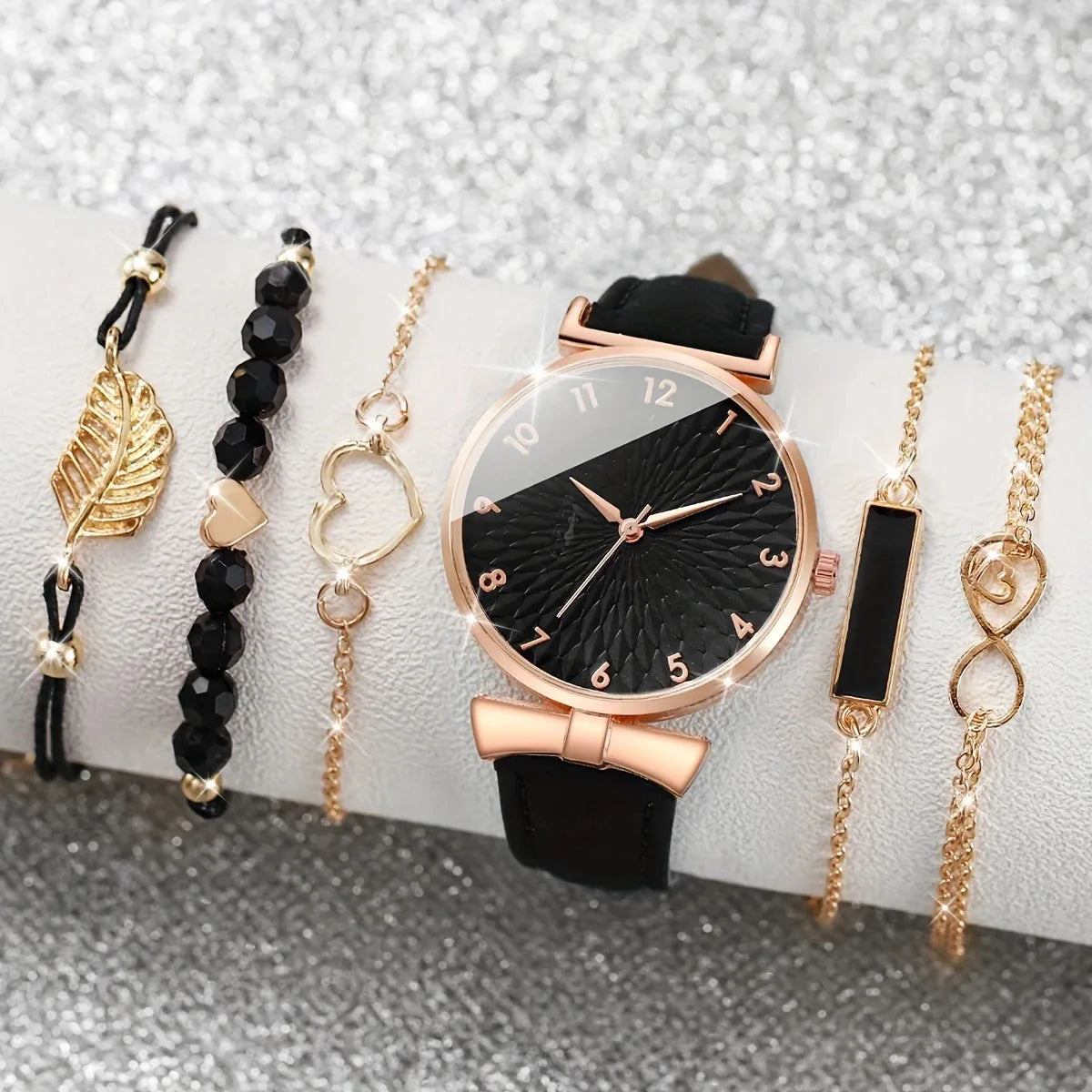 New Black Rose Gold Women's Watch Set with Belt Quartz Watch and Bracelet Six Piece Set (Box Not Included) Qme