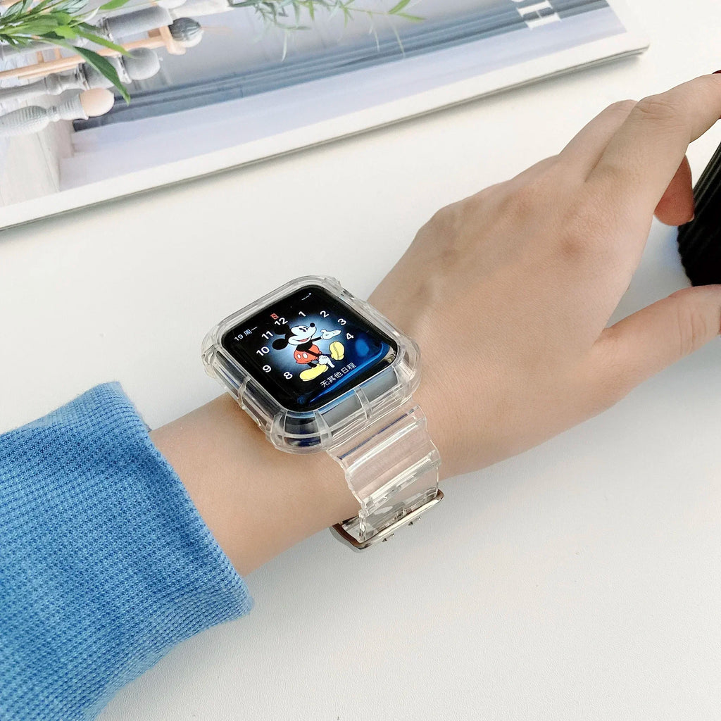 Clear Band + Case for Apple Watch Series 9 8 7 6 SE 5 49mm 45mm 44mm 42mm 41mm Transparent for iwatch 3 38mm 40mm Plastic Strap Qme