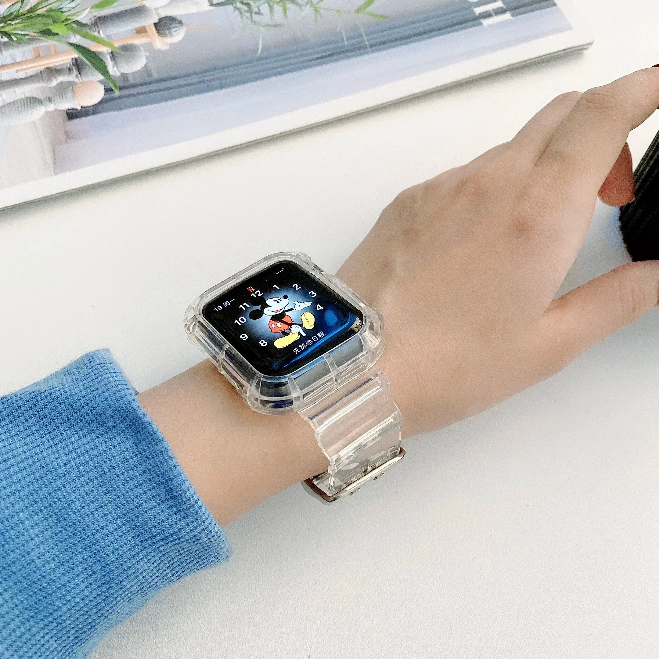 Clear Band + Case for Apple Watch Series 9 8 7 6 SE 5 49mm 45mm 44mm 42mm 41mm Transparent for iwatch 3 38mm 40mm Plastic Strap Qme