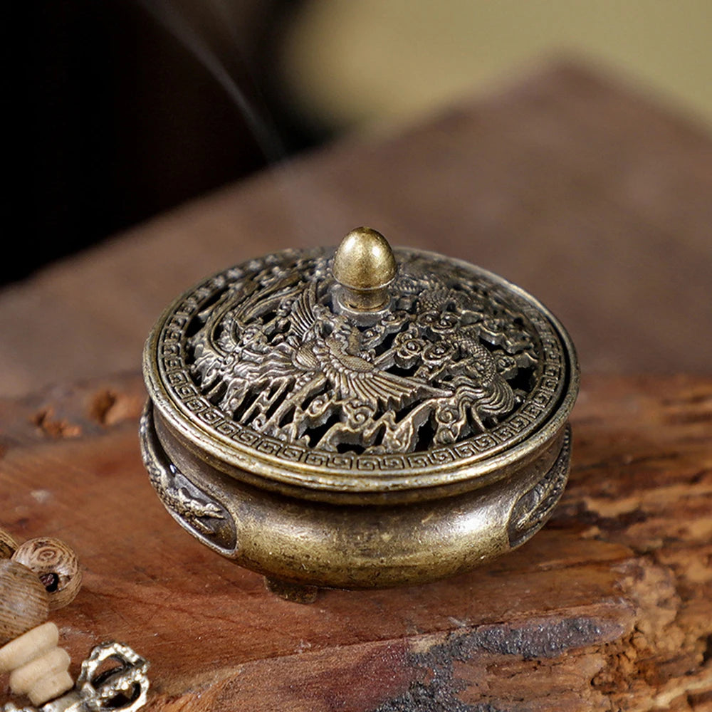 Antique brass pocket incense burner mini hollow incense ornament ancient Chinese tea table decoration dragon and phoenix Qme