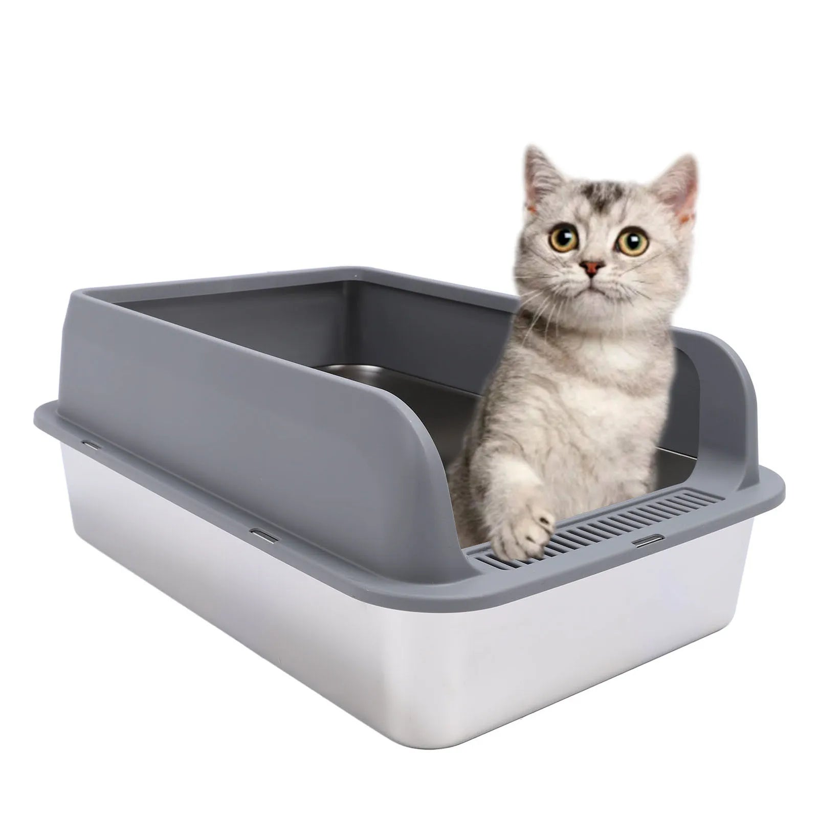 Stainless Steel Cat Litter Box with Lid Anti Splash High Sided Odor Free Semi Enclosed Easy Clean Pet Toilet Tray Qme GRAY L