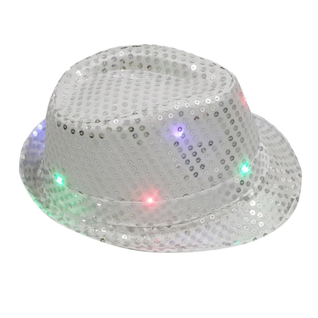 Unisex Hip Hop Jazz Hat Fancy Party Stage Dance Sequins Show Glitter Caps Performance Costume Clown Magician Hat for Kids Qme White