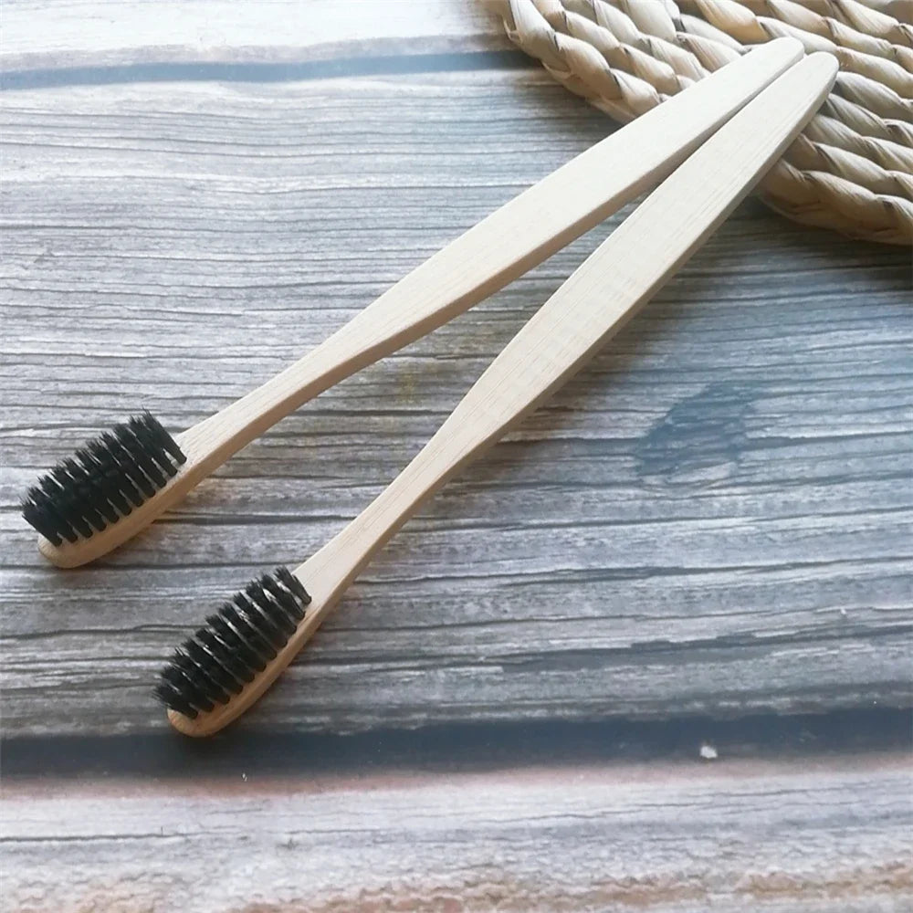 Colorful Natural Bamboo Toothbrush Soft Bristle Charcoal Teeth Whitening Manual Wooden Handle Toothbrushes Soft Dental Oral Care Qme Black 2Pcs