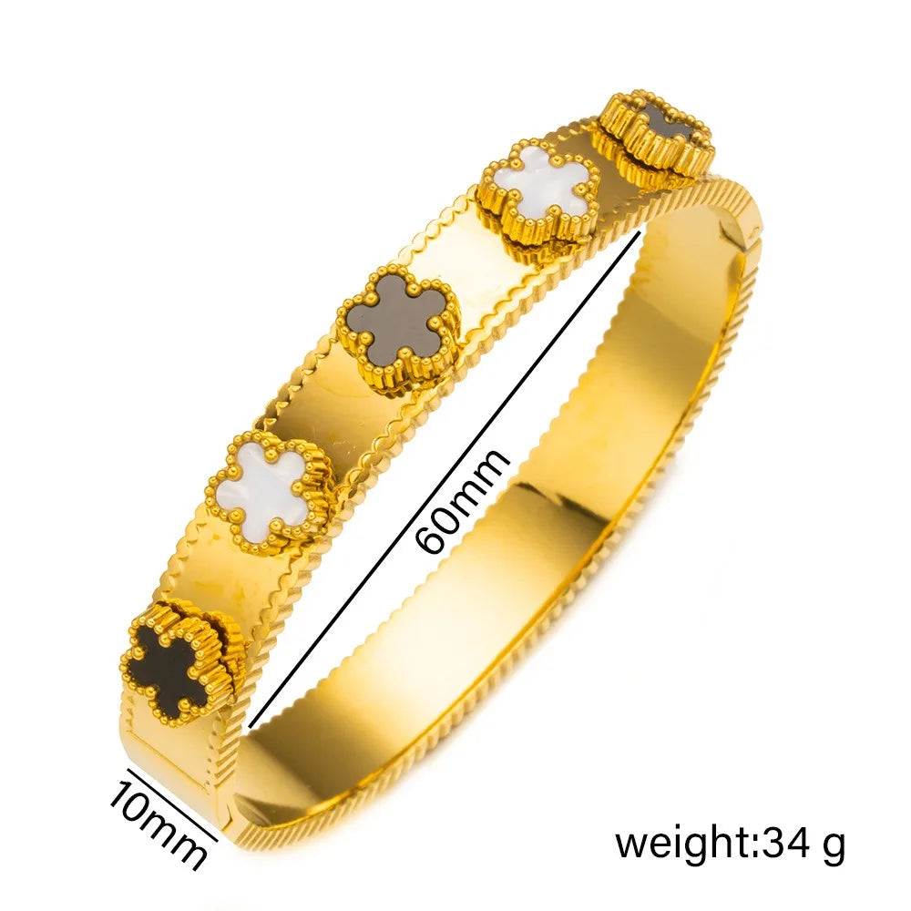Unisex Gold/Silver Classic Stainless Steel Laser Five-Leaf Flower Open Bracelet & Bangles Simple For Woman Party Jewelry Clover Qme Gold 10