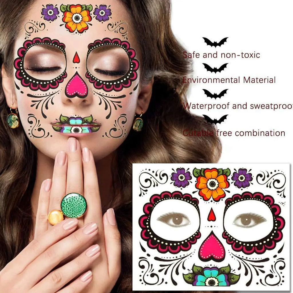 Day Of The Dead Face Tattoos, 13 Sheets Sugar Skull Temporary Face Tattoos Stickers For Halloween Party Facial Makeup Stickers Qme