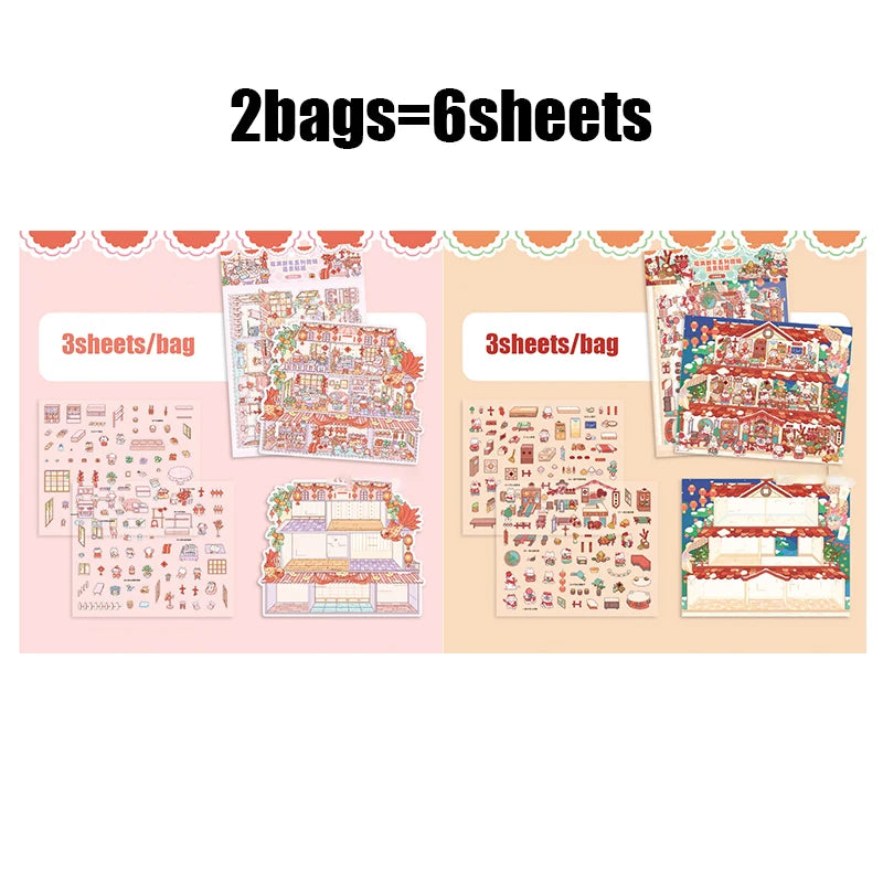 3 Sheets/Bag Zoo New Year Theme Miniature Scene Stickers, PET+White Card 2.5D Stress Relief Game Stickers for DIY Craft Qme all