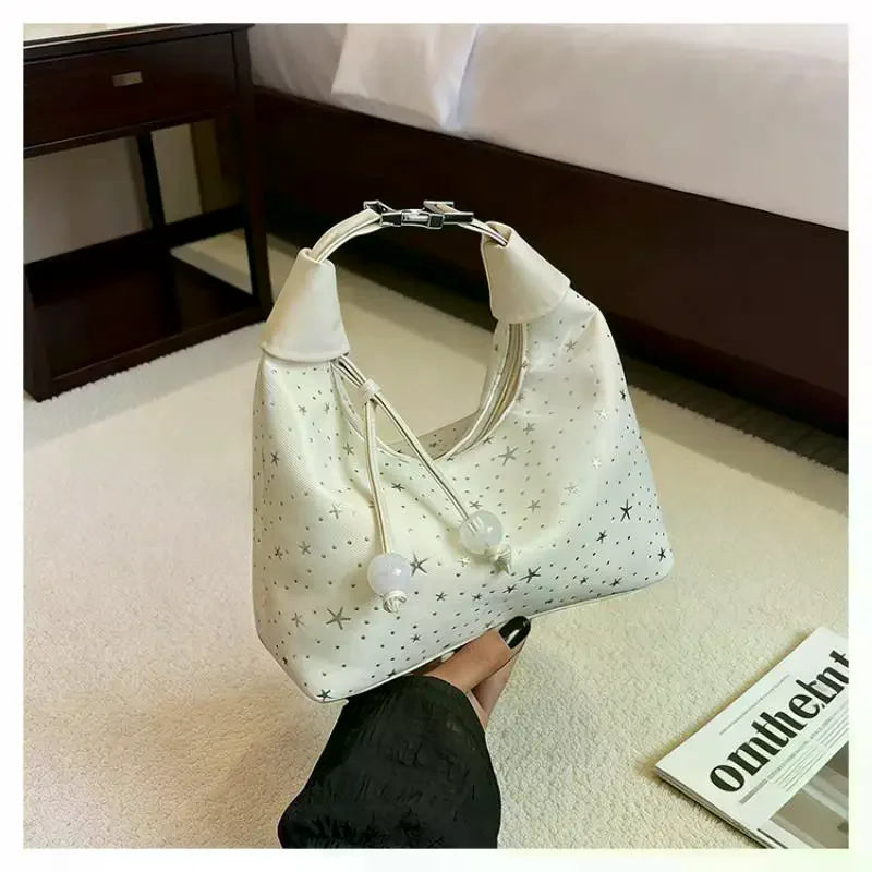 Sweet Sparkling Stars Shoulder Bag Nylon Texture Pearl Pendant Crossbody Bag Small Bucket Handbag Women Girl Qme