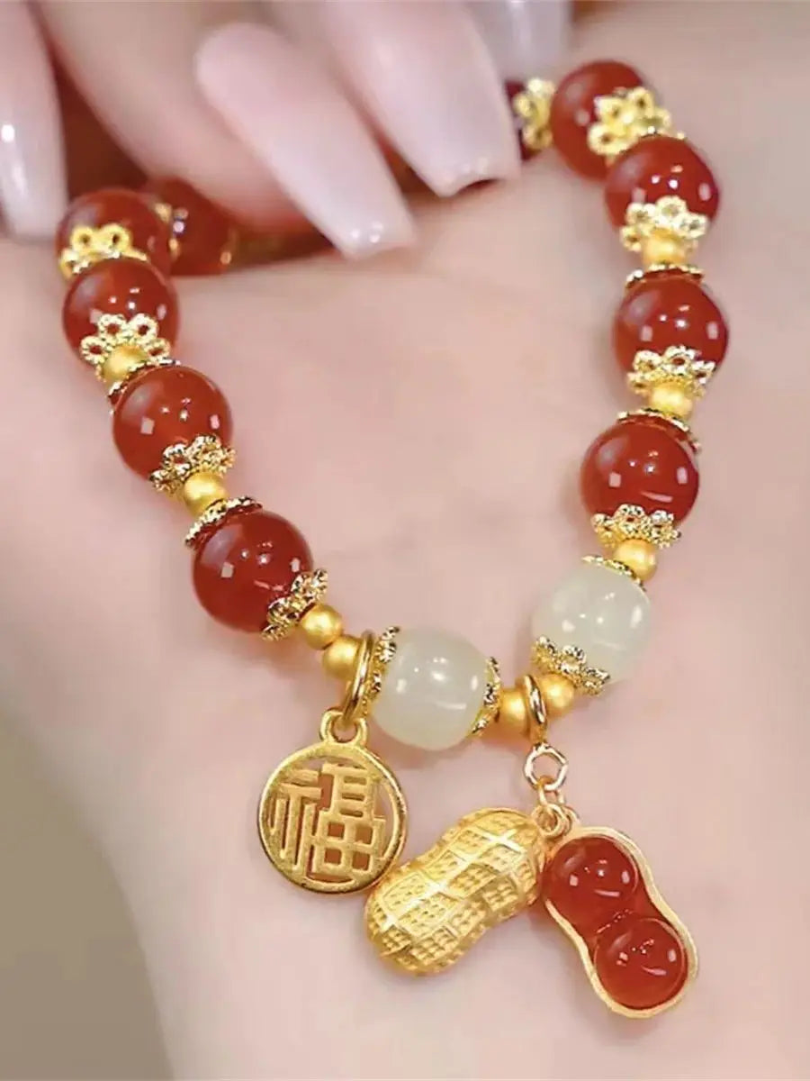 b05 Chinese Style Green Hetian Jade Bracelet For Women Vintage Gold Color Leaves Double Layer Beaded Bracelet Jewelry Gifts Qme
