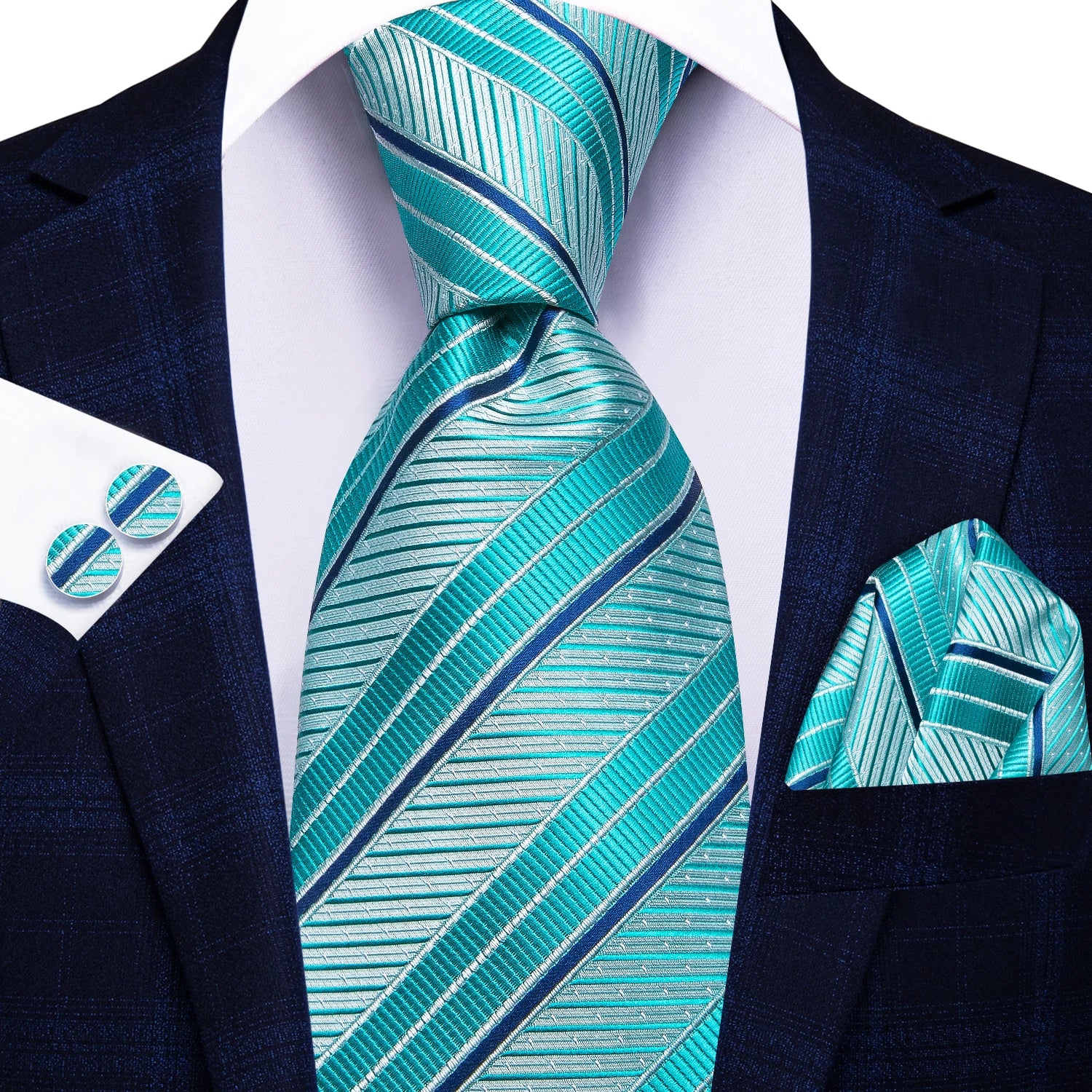 Hi-Tie Striped Light Blue Yellow Pink Men Elegant Necktie Hanky Cufflinks for Tuxedo Fashion Classic Silk Luxury Tie for Man Qme N-3950
