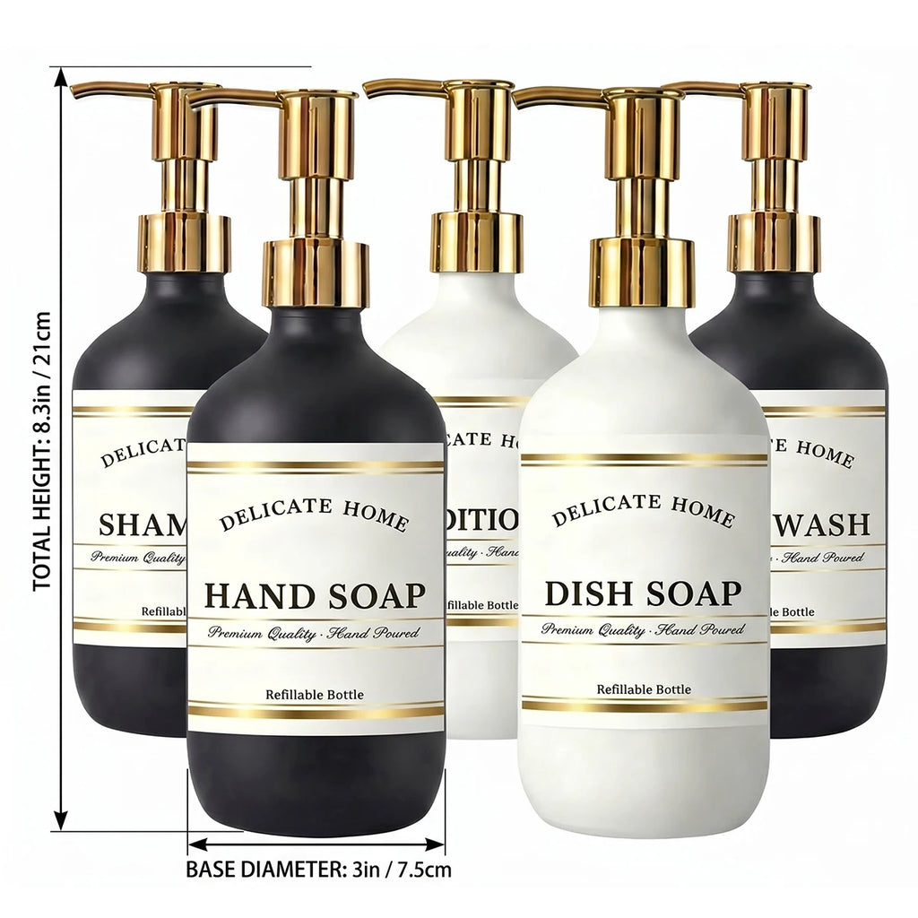 Set of 5 Refillable Shampoo Bottles 500ml Black White Plastic Shower Dispensers for Conditioner Body Wash Lotion Hand Soap Qme